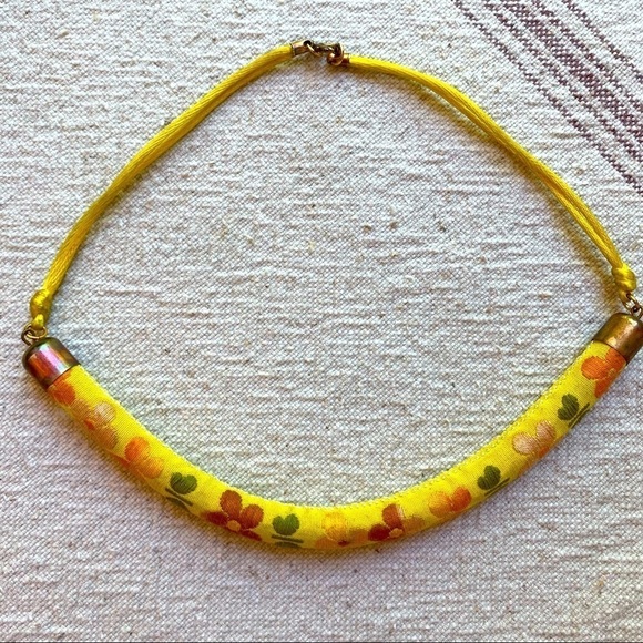 Vintage Jewelry - Vintage 90s Cheerful Yellow Embroidered Necklace